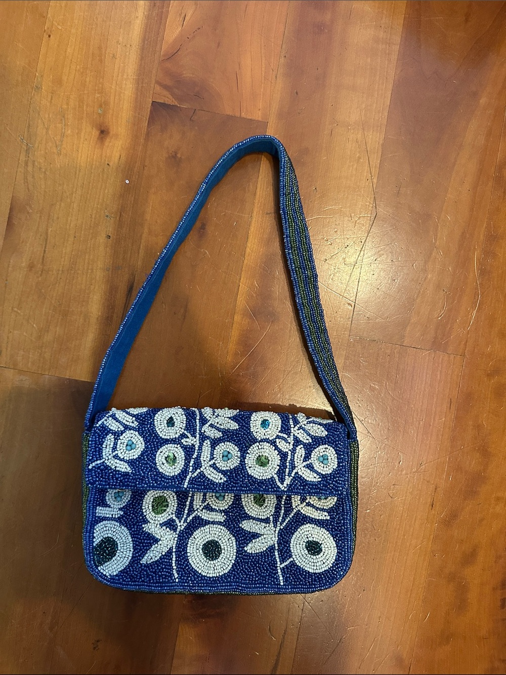 Anthropologie Beaded Floral Shoulder Bag in Blue and White